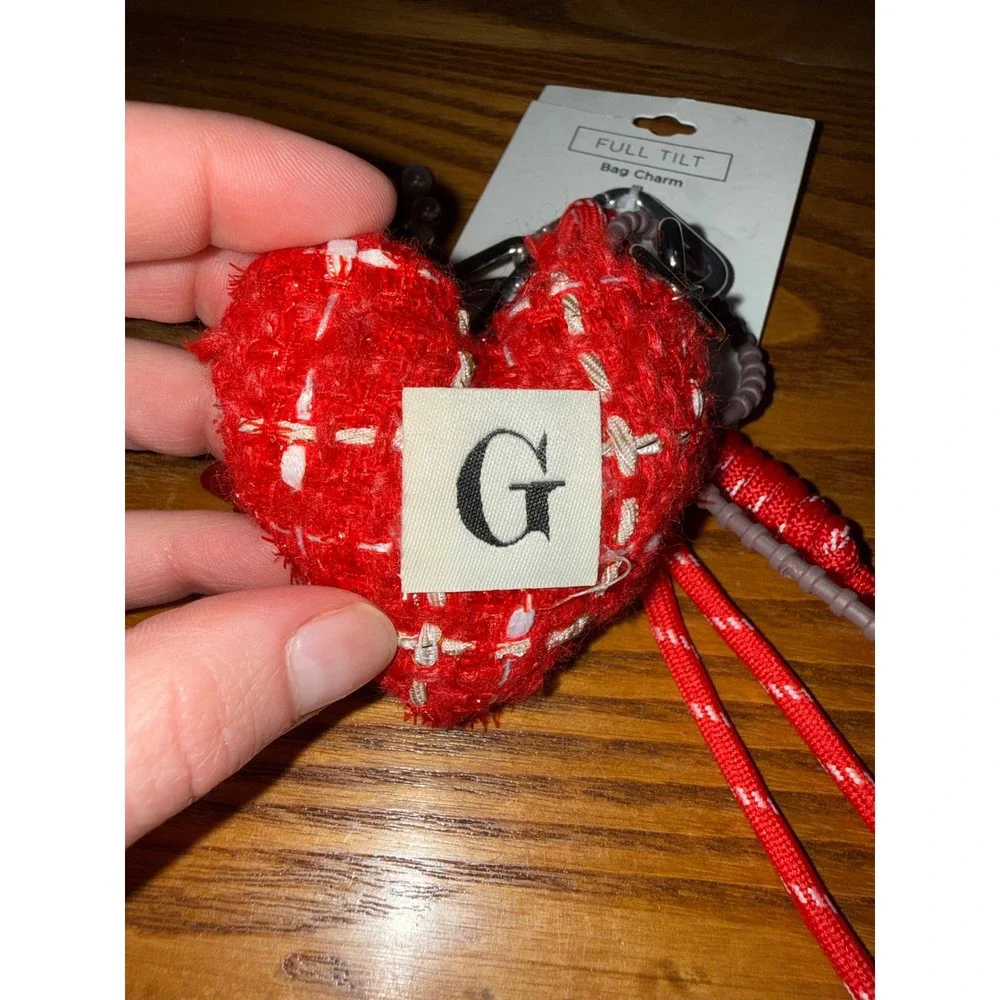 Full Tilt Red Tweed Heart Bow Flower Bag Charm Keyring G Initial Faux Pearl NWT